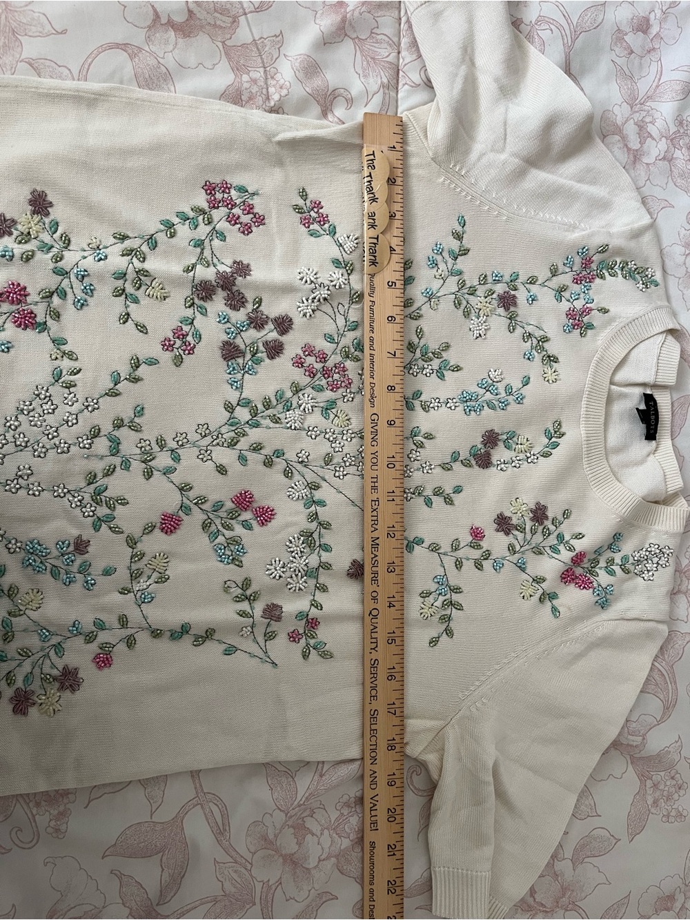 Talbots Cream Floral Embroidered Short Sleeve Sweater - Picture 9 of 9